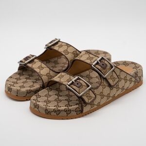 size 11G 11.5 US Gucci GG Canvas Slide Sandals Straps Beige Ebony GG Brown